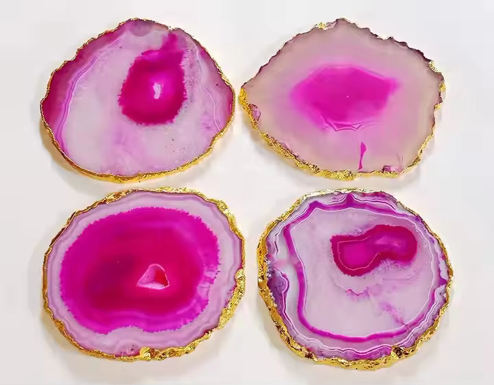 Natural Pink Agate Coasters with Gold Edge - Set of 4