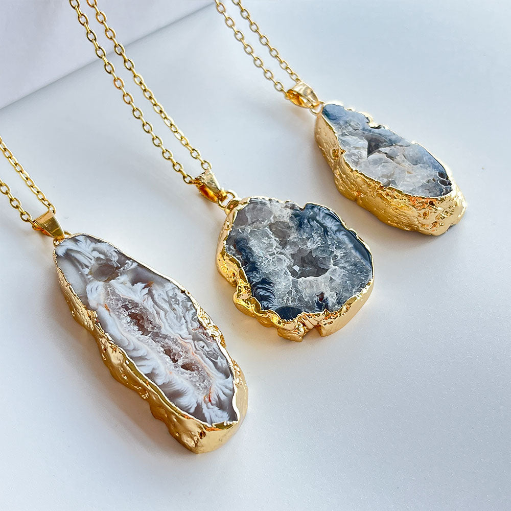 Raw Agate Slice Pendant | 18K Gold-Plated Crystal Healing Necklace