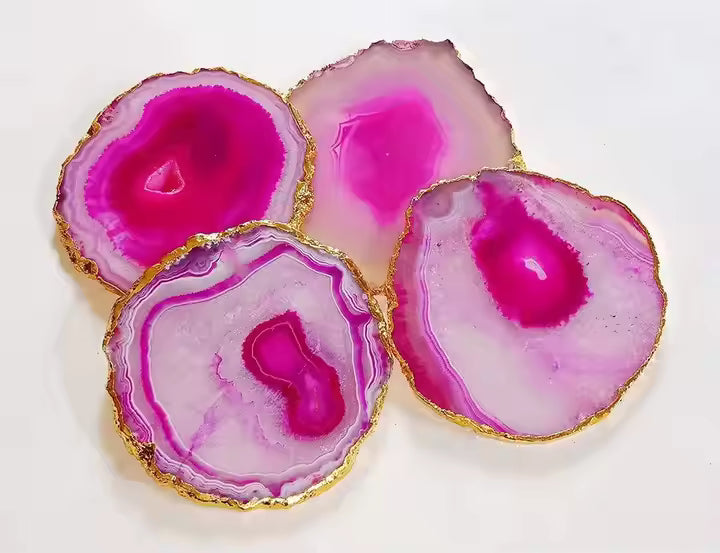 Natural Pink Agate Coasters with Gold Edge - Set of 4