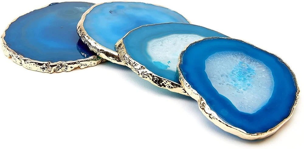 Natural Blue Agate Coasters with Gold Edge - Set of 4