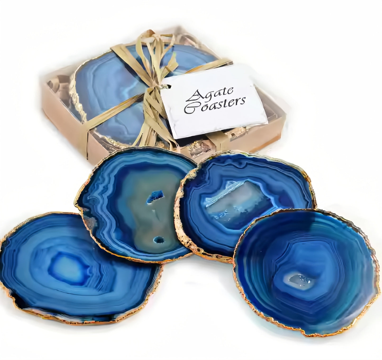 Natural Blue Agate Coasters with Gold Edge - Set of 4